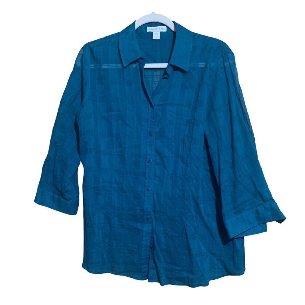 Coldwater Creek Womens Size Large 14 Blue Button Up Printed Cotton Blouse Top